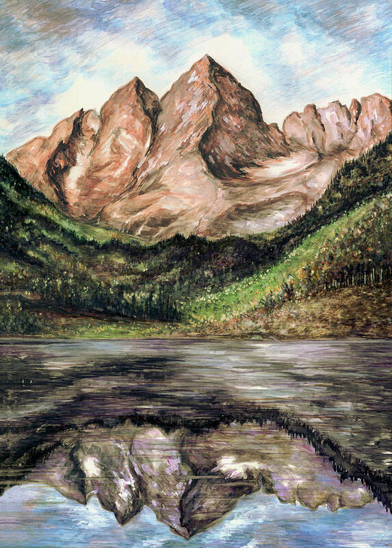 Landscape Art Print featuring the painting Maroon Bells Colorado - Landscape Painting by Peter Potter