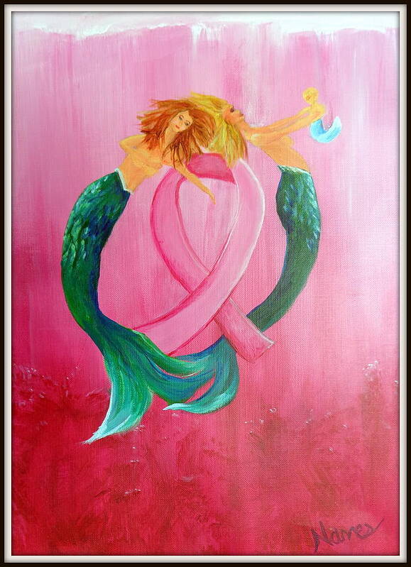 Pink Ocean And Mermaids Art Print featuring the painting Mermaids in Pink by Deborah Naves