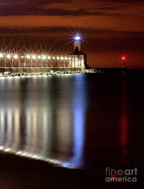 Lighthouse Art Print featuring the photograph Michigan City Lighthouse with Lights by Brett Maniscalco