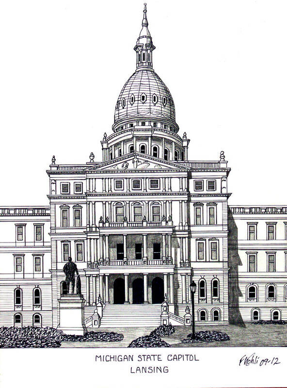 Michigan State Capitol Drawing Art Print featuring the drawing Michigan State Capitol by Frederic Kohli