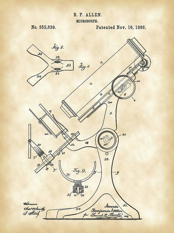 Microscope Art Print featuring the digital art Microscope Patent 1886 - Vintage by Stephen Younts