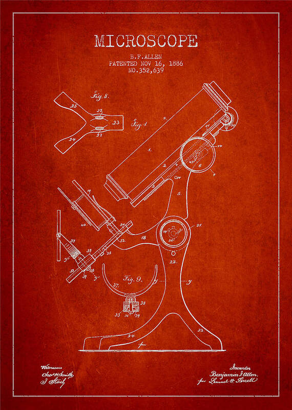 Microscope Art Print featuring the digital art Microscope Patent Drawing From 1886 - Red by Aged Pixel