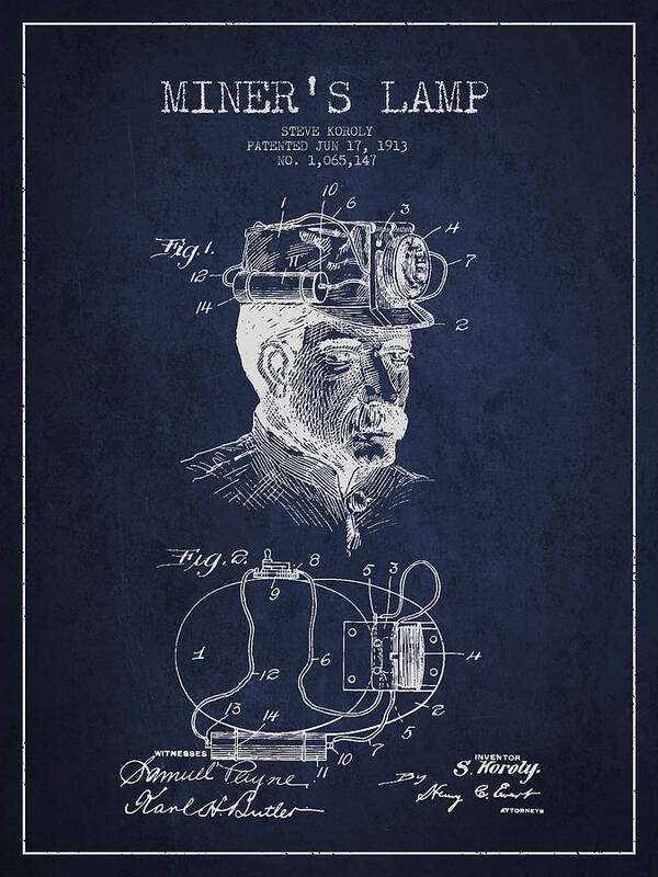 Miners Lamp Art Print featuring the digital art Miners Lamp Patent Drawing From 1913 - Navy Blue by Aged Pixel