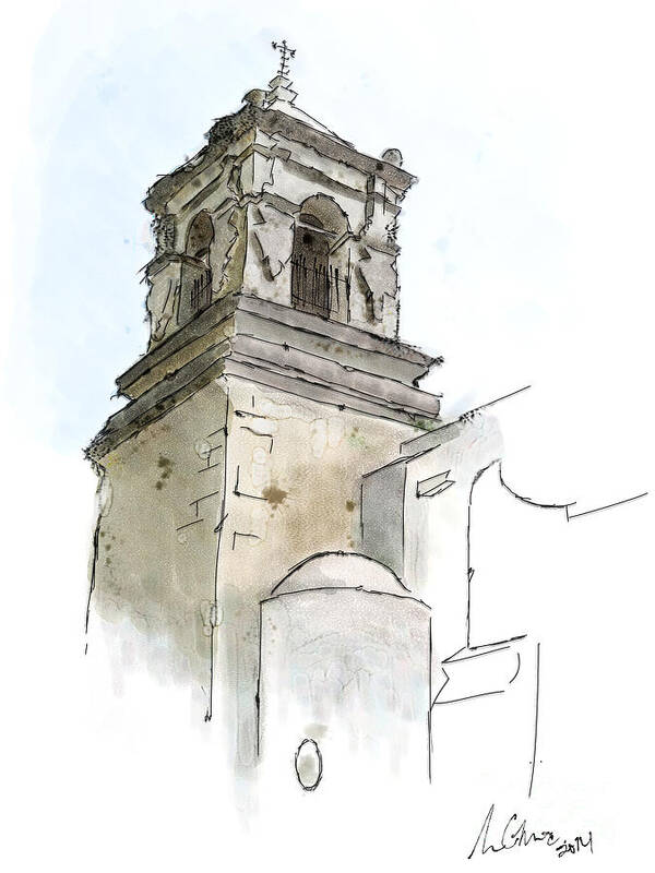 Church Art Print featuring the digital art Mission San Jose Bell Tower by Jon Munson II