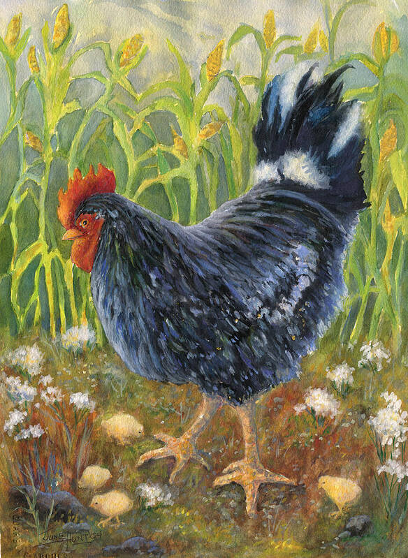 Chickens Art Print featuring the painting Mom and Chicks by June Hunt