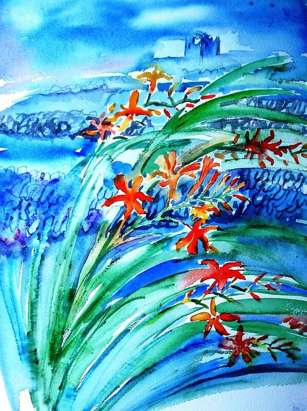 Montbretia Art Print featuring the painting Montbretia on Inisheer by Trudi Doyle