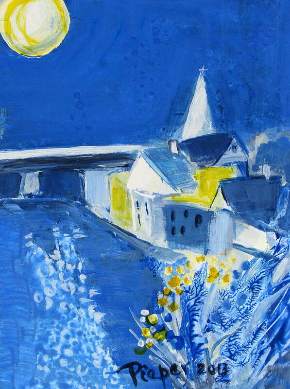 Blue Painting Art Print featuring the painting Moon Over Waterfront Buildings by Betty Pieper