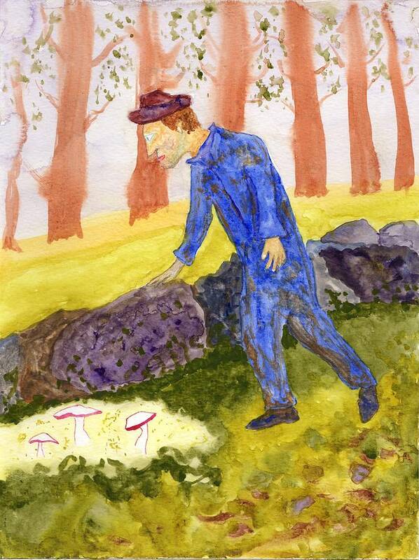 Jim Taylor Art Print featuring the painting Mushroom Hunting Man by Jim Taylor