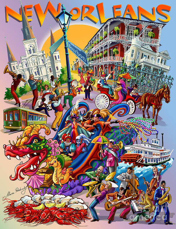 New Orleans Art Print featuring the digital art New Orleans in color by Maria Rabinky