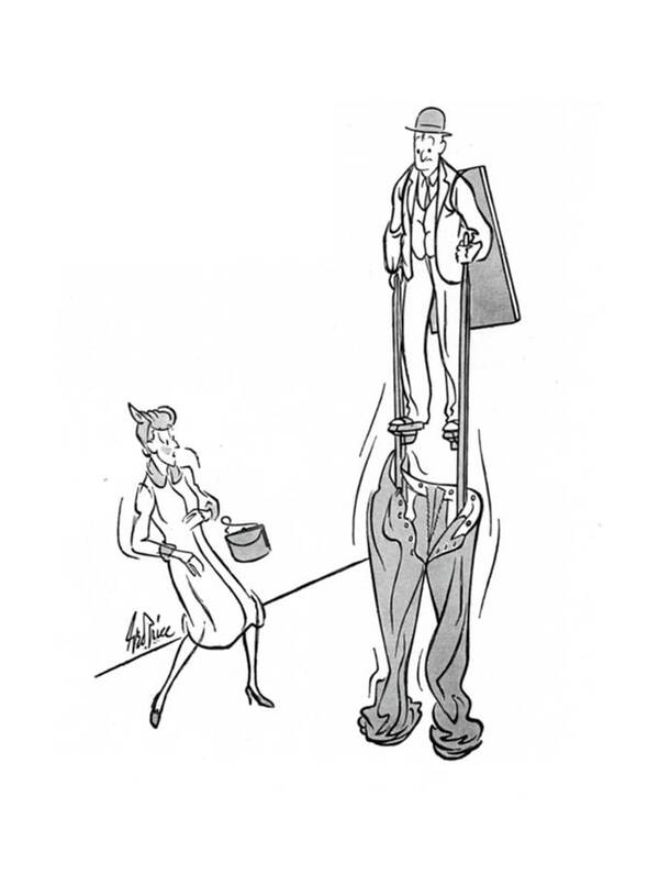 110925 Gpr George Price Sandwich Man On Stilts Loses His Pants. Down Dropped Employee Fall Falling Fell Job Loses Lost Man Pants Sandwich Shock Stilts Surprise Surprised Trousers Work Art Print featuring the drawing New Yorker January 25th, 1941 by George Price