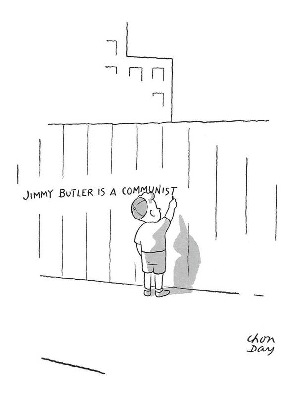 (young Boy Writes 'jimmy Butler Is A Communist.' On A Picket A Wall.)
Psychology Art Print featuring the drawing New Yorker July 8th, 1950 by Chon Day