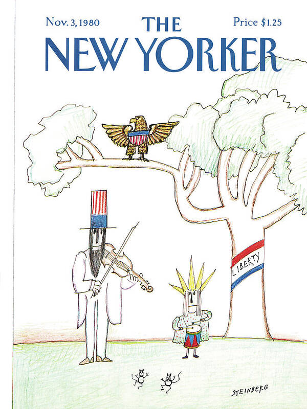 Saul Steinberg 50486 Steinbergattny (uncle Sam Playing The Violin While Lady Liberty Dances Outside.) Uncle Sam Statue Of Liberty Eagle Heritage Music Dancing Entertainment Patriotism Patriotic America Usa Liberty   Bodinthurs Artkey Art Print featuring the painting New Yorker November 3rd, 1980 by Saul Steinberg