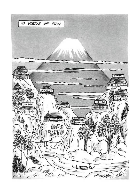 No Caption
Views Of Fuji.title.large Drawing Of Mt. Fuji With 10 Factories Nearby On Smaller Peaks Art Print featuring the drawing New Yorker November 9th, 1987 by Henry Martin