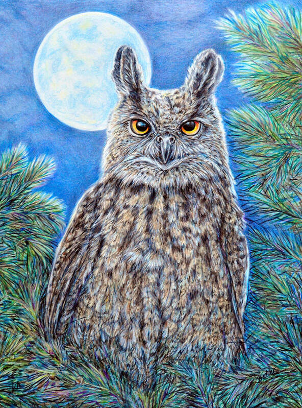 Nature Wildlife Birds Owl Moon Night Art Print featuring the painting Night Watchman by Gail Butler