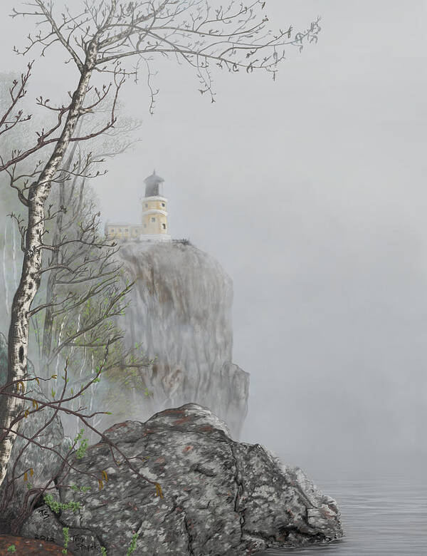 North Shore Lighthouse In The Fog Art Print featuring the digital art North Shore Lighthouse in the Fog by Troy Stapek