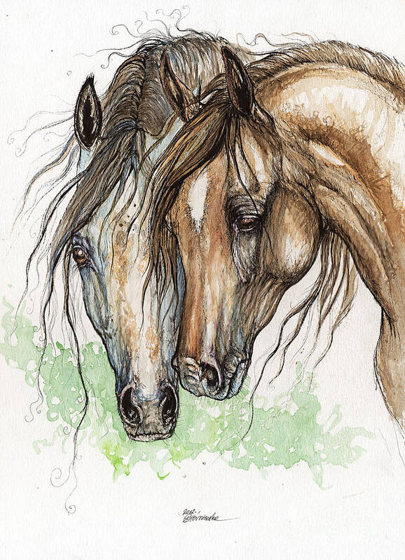  Horse Art Print featuring the painting Nose To Nose Watercolor Painting by Ang El
