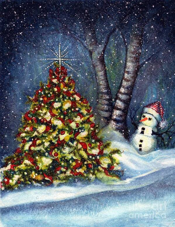 Snowman Art Print featuring the painting Oh my. A Christmas tree by Janine Riley