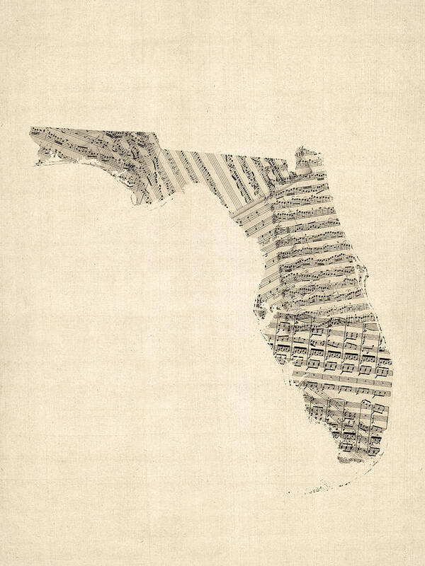 Florida Art Print featuring the digital art Old Sheet Music Map of Florida by Michael Tompsett
