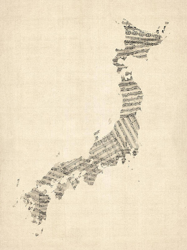 Japan Map Art Print featuring the digital art Old Sheet Music Map of Japan by Michael Tompsett