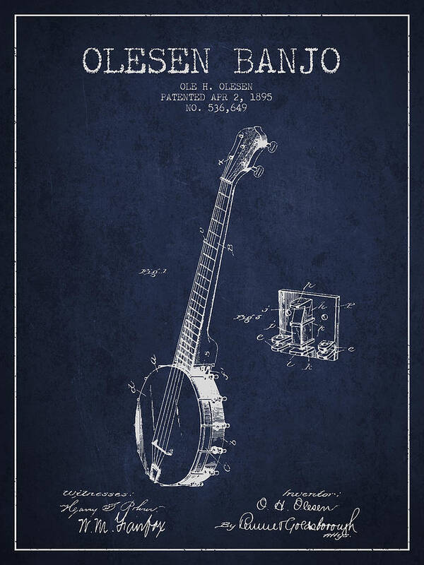 Banjo Art Print featuring the digital art Olesen Banjo Patent Drawing From 1895 - Navy Blue by Aged Pixel