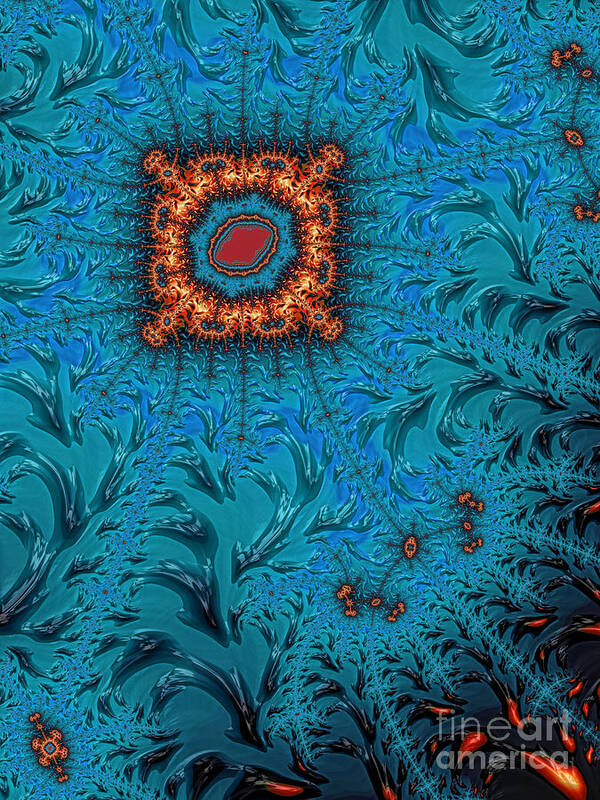 Orange Square Abstract Art Print featuring the digital art Orange on Blue Abstract by John Edwards