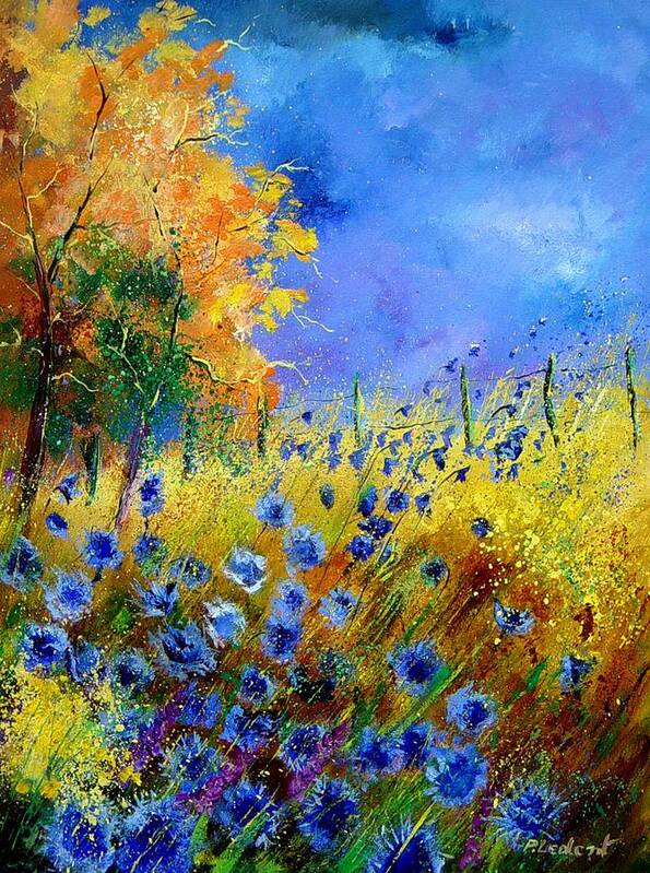 Poppies Art Print featuring the painting Orange tree and blue cornflowers by Pol Ledent
