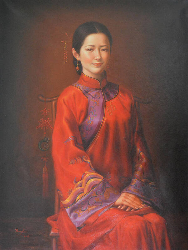 Original Art Print featuring the painting Original Classic Portrait Oil Painting Woman Art - Beautiful Chinese Bride Girl by Hongtao Huang