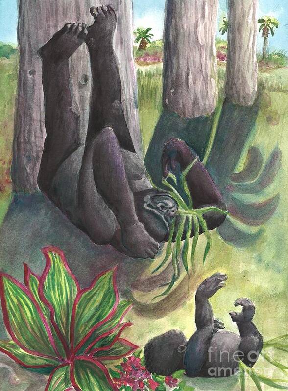 Gorilla Mother And Child Art Print featuring the painting Parallel Morning by Lynn Maverick Denzer