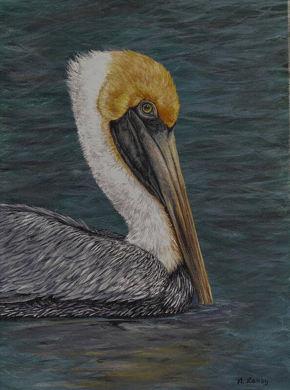 Pelican Art Print featuring the painting Pelican Floating in the Bay by Nancy Lauby