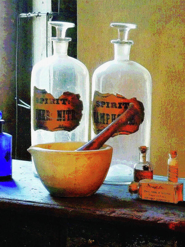 Druggist Art Print featuring the photograph Pharmacist - Mortar and Pestle With Bottles by Susan Savad