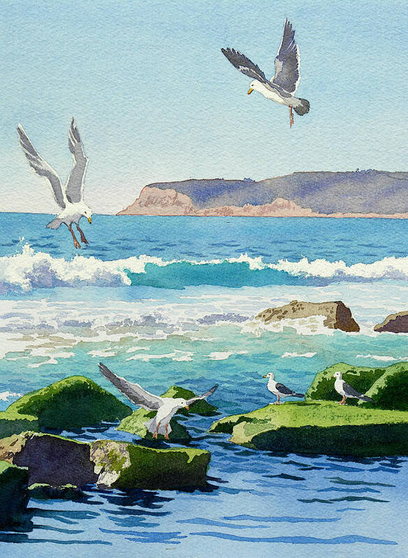 Point Loma Art Print featuring the painting Point Loma Rocks Waves and Seagulls by Mary Helmreich