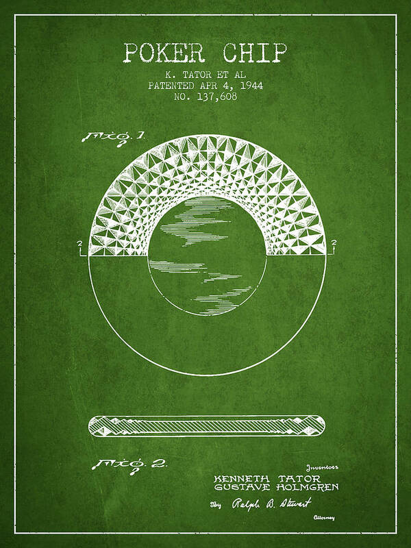 Poker Art Print featuring the digital art Poker Chip Patent from 1944 - Green by Aged Pixel