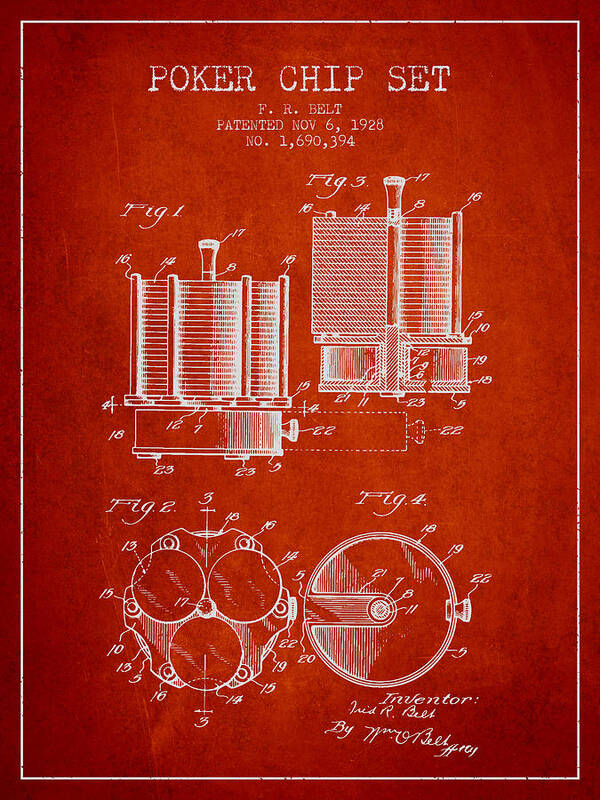Poker Art Print featuring the digital art Poker Chip Set Patent from 1928 - Red by Aged Pixel