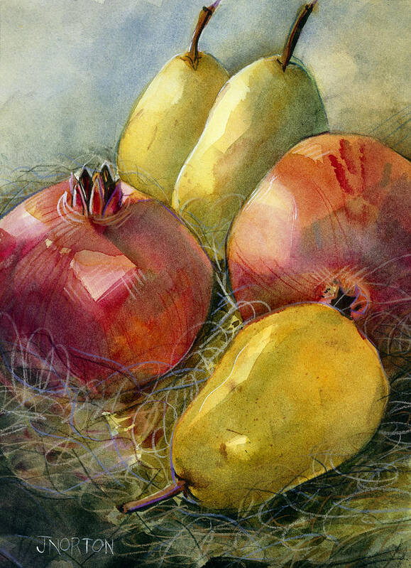 Jen Norton Art Print featuring the painting Pomegranates and Pears by Jen Norton