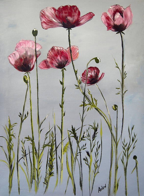 Tall Flowers Art Print featuring the painting Poppies by Arlen Avernian - Thorensen