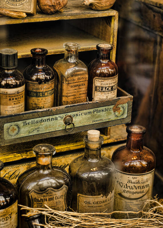 Pharmacy Art Print featuring the photograph Potions and Cure Alls by Heather Applegate