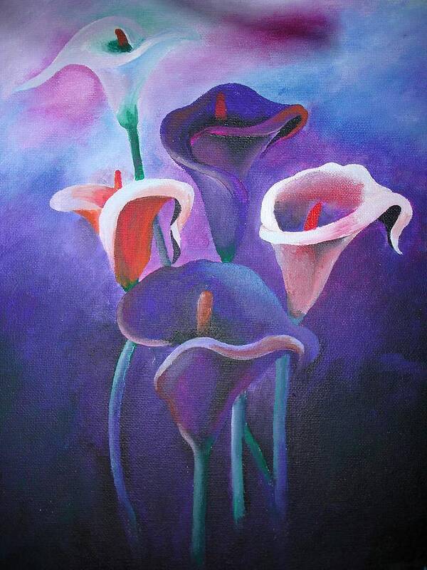 Zantedeschia Art Print featuring the painting Purple Calla Lilies by Taiche Acrylic Art