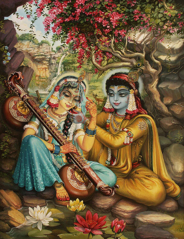 Krishna Art Print featuring the painting Radha playing vina by Vrindavan Das