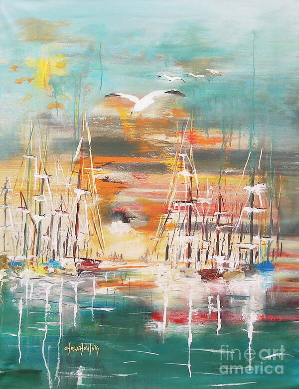 Ready To Sail Away Boat Ocean Water Wave Sky Bird Sunset Sunrise Sailing See Gull Sky Abstract Painting Harbor Marine Miroslaw Chelchowski Art Print featuring the painting Ready To Sail Away by Miroslaw Chelchowski