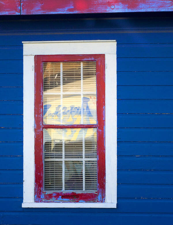 Window Art Print featuring the photograph Red and White Window in Blue Wall by Lynn Hansen