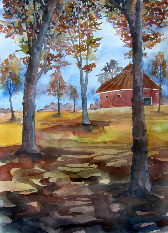 Barn Red Bucolic Rural Farm Midwest Indiana Path Shadows Light October Landscape Trees Foliage Pastoral Scenery Nature Art Print featuring the painting Red Round Barn by James Huntley