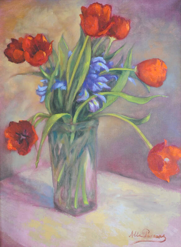 Oil Art Print featuring the painting Red Tulips by Alla Parsons