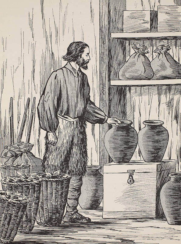 Robinson Crusoe Art Print featuring the painting Robinson Crusoe in his storeroom by English School