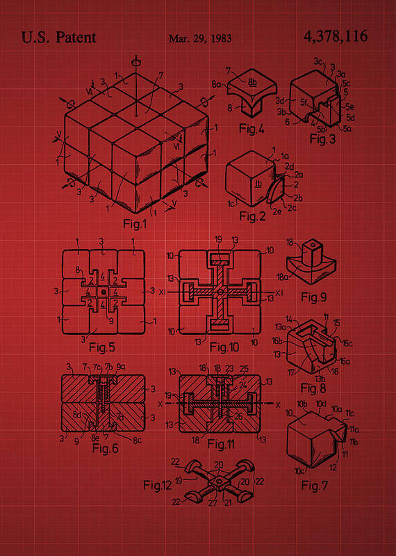 Rubik's Cube Art Print featuring the photograph Rubik's cube Patent 1983 - Red by Chris Smith