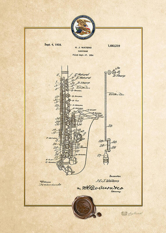 C7 Vintage Patents And Blueprints Art Print featuring the digital art Saxophone by H.J. Waters Vintage Patent Document by Serge Averbukh
