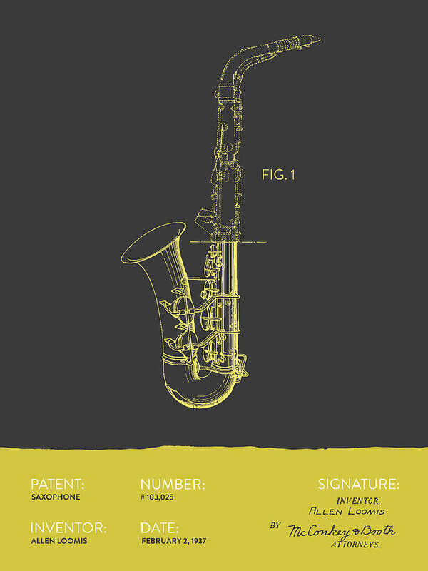 Saxophone Art Print featuring the digital art Saxophone Patent From 1937 - Gray Yellow by Aged Pixel