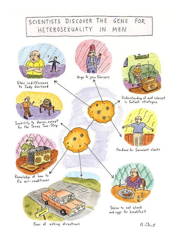 Scientists Discover The Gene For Heterosexuality In Men (explanations For The Stange Behaviors Of Men - Indifference To Judy Garland Art Print featuring the drawing Scientists Discover The Gene For Heterosexuality by Roz Chast