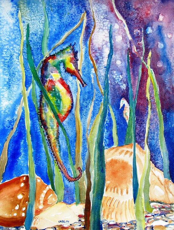 Seahorse Art Print featuring the painting Seahorse and Shells by Carlin Blahnik CarlinArtWatercolor