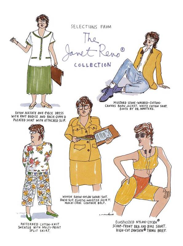 Selections From The Janet Reno� Collection
(attorney General As Fashion Plate Art Print featuring the drawing Selections From The Janet Reno Collection by Michael Crawford