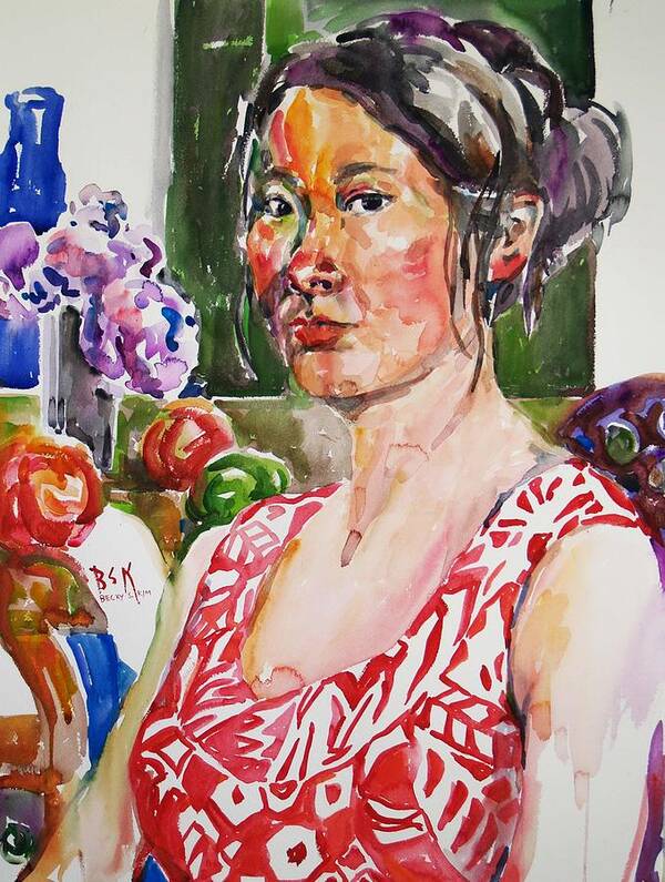Self Portrait Art Print featuring the painting Self Portrait 9 - with still life by Becky Kim